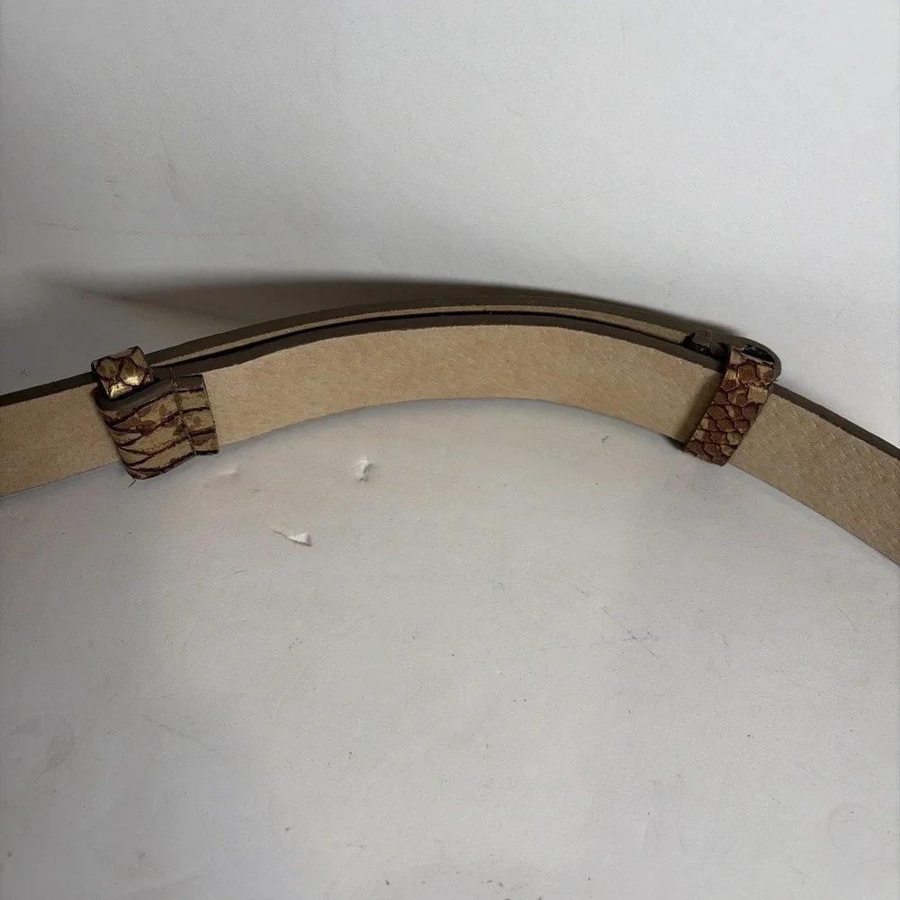 Chico's Snakeskin Pattern Leather Belt Gold Amber Lucite Buckle Adjustable M L